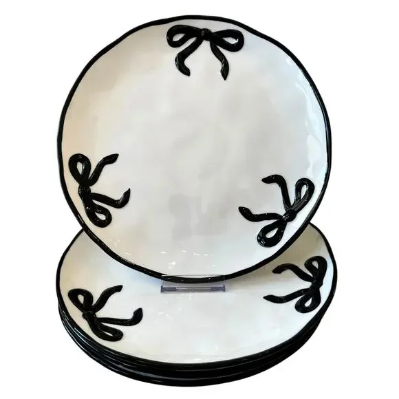Hand Painted Coquette Black Bow Dinner Plates 10.25in White Ceramic Set of 4 NEW